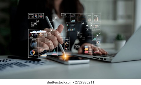 A big data visualization and business analytics dashboard grid. A complex collection of charts and graphs for comprehensive company reporting. Motif