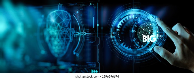 Big Data World And Globe Icon Ui With Hand Selecting And Pressing Big Data Symbol And Modern Interface.