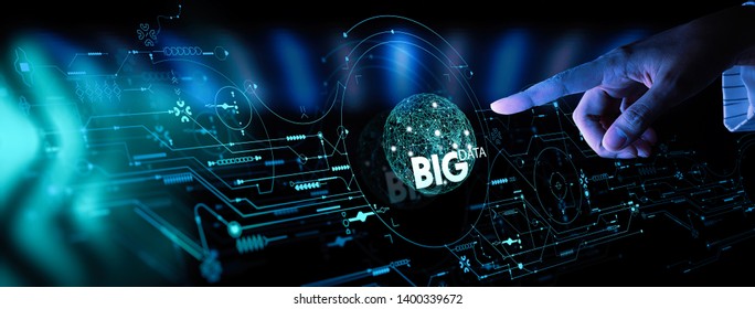 Big Data World And Globe Icon Ui With Hand Selecting And Pressing Big Data Symbol And Modern Interface.