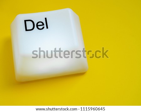 Big Delete Computer Key Button Light Box Isolated on Yellow Background with Space. Eraser Concept.
