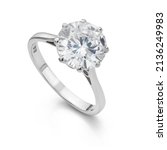 Big Diamond Ring Isolated on White Background. Large Diamond Engagement Ring. 