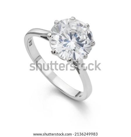 Big Diamond Ring Isolated on White Background. Large Diamond Engagement Ring. 