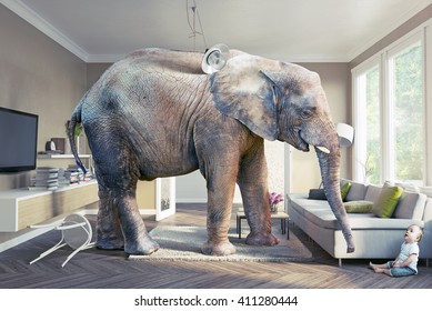 Big elephant and the baby  in the living room. Photo and cg elements combination  concept