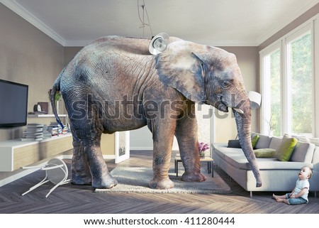 Big elephant and the baby  in the living room. Photo and cg elements combination  concept