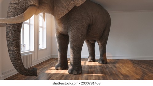 Große Elefantenruhe in einer Wohnung als lustiger Mangel an Platz und Begleiter-Konzept-Bild