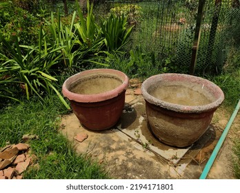 Big Empty Clay Pots In The Garden