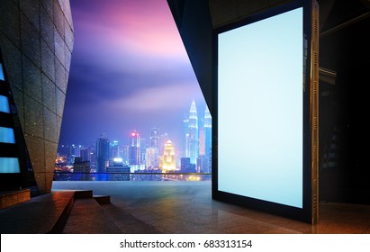 Big Empty Screen Billboard With Modern City Background .