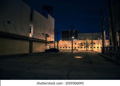 Big Empty Urban City Parking Lot At Night