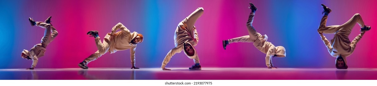 Big Energy And Music. Flyer With Sportive Man Dancing Hip-hop, Breakdance In White Clothes On Gradient Pink Blue Background. Youth Culture, Hip-hop, Movement, Style And Fashion, Action.