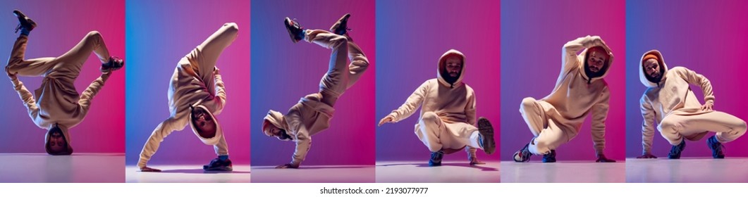 Big Energy And Music. Flyer With Sportive Man Dancing Hip-hop, Breakdance In White Clothes On Gradient Pink Blue Background. Youth Culture, Hip-hop, Movement, Style And Fashion, Action.