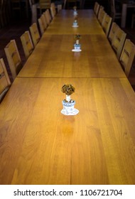 Big Event, Corporate Or Wedding Wooden Dinner Table And Chairs. Long Wooden Table With Bonsai Like Decoration In Small Vase In Event Venue Is Ready For Serving.