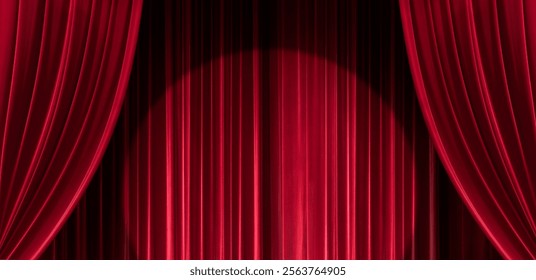 Big event red curtains with spotlight. Open the curtain for a stage performance with spotlight Theatre. Nightclub or cabaret show. Presentation of a classic and luxurious work with performing arts. 