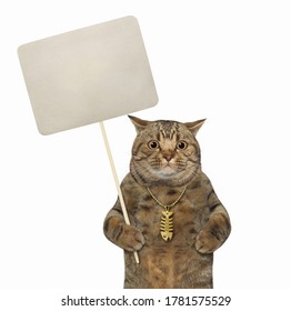 The Big Eyed Beige Cat With A Gold Fish Bone Pendant Is Holding A Blank Sign. White Background. Isolated.