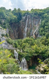 Big Fall Waterfall Inside Plitvice Lake In Croatia