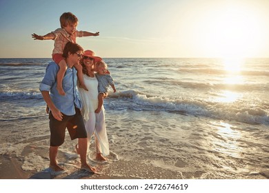 Big family, beach holiday or walking, happiness for vacation on tropical island. Man, woman or children together with sunglasses by ocean for travel with wellness, mockup space at sunset in Mauritius - Powered by Shutterstock