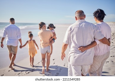 Big Family At Beach, Relax On Summer Vacation With Grandparents And Kids At The Sea. Retirement Time Together, Quality Travel In The Sun And Enjoy A Holiday By The Ocean. Sand, Sunshine And Fresh Air