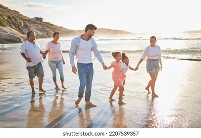 Big Family, Beach And Summer Vacation Or Travel In Portugal With Children, Parents And Grandparents Walking Together Looking Happy And Bonding. Men, Women And Girl Kids Traveling Together At Sunset