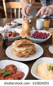 Big Family Breakfast In Farm House