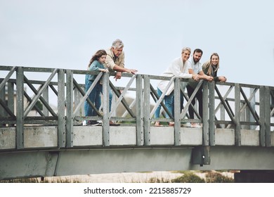 Big Family, Bridge And Happy Travel, Vacation Or Holiday Trip Together Outdoors. Family, Generations And Mom, Dad And Girl, Grandma And Grandpa Spending Time Together, Love And Bonding In Canada.