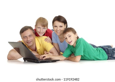 Big Family In Bright T-shirts On A White Background