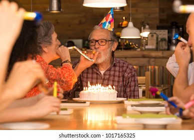 Big Family Celebrate The Birthday Of The Grandfather