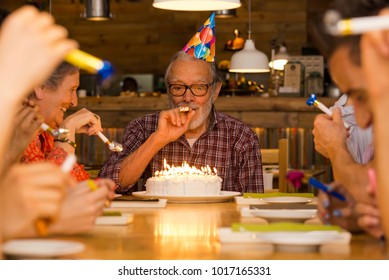 Big Family Celebrate The Birthday Of The Grandfather