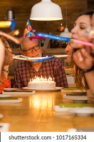 Big Family Celebrate The Birthday Of The Grandfather