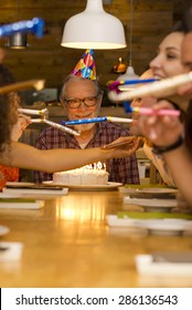 Big Family Celebrate The Birthday Of The Grandfather