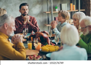 Big Family Celebrate Thanksgiving Day Sit Table Have Large Feast Meal Food Roasted Meat Corns Alcohol Pray In House Indoors