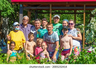 Big Family Got Together. Tver Russia July 2021 Group Photo Of People In The Garden