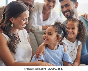 Big Family, Happy Kids And Smile From Mexico On A Home Couch Spending Quality Time Together. Mother, Children And Grandparents Relax By A Living Room House Lounge Sofa With Happiness Laughing