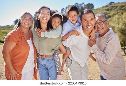 Big Family, Portrait And Happy Smile Of Mom, Dad And Children On A Hike Or Walk With Grandparents. Happiness Of People From Mexico On A Walking And Hiking Trip In Nature With Happiness Together