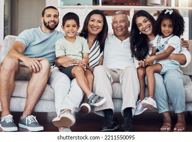 Big Family Portrait On Sofa, Home Living Room Together In Mexico And Happy Afro Latino Girl Sitting On Mom Lap. Senior Grandparents Love Young Children, Proud Father Smile And Generations Happiness