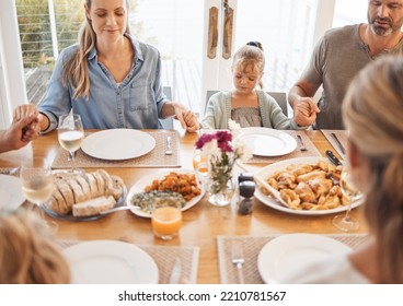 Big Family, Praying Thanks And Food Prayer For Lunch, Dinner Table And Worship, Gratitude And Respect In New Zealand Home. Christian Parents, Kids And Holding Hands For Faith, God And Eating Together