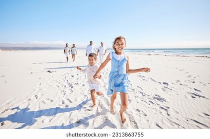 Big family, sea or happy kids holding hands, running or smiling in summer with happiness or joy in nature. Grandparents, smile or young children siblings bonding, playing or walking on beach sand - Powered by Shutterstock