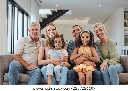 Big family, smile and portrait of children, parents and grandparents together for love, care and support while on a living room couch in UK home. Smile of men, women and kids on sofa for bonding