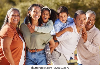 Big family, three generation and happy people sharing love, care and a special bond while at the park on a sunny day. Portrait of children, parents and grandparents out on a fun adventure in mexico - Shutterstock ID 2201102571