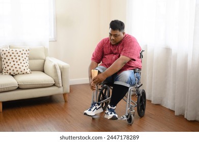 A big fat man was wearing his prosthetic leg in the living room. - Powered by Shutterstock