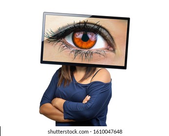 Big Female Eye On Tv Screen Looking Isolated. Big Brother Is Watching You. Conceptual Image.