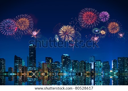 Big fireworks over the skyline of downtown Miami