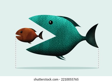 Big Fish Eats Small, Takeover Of The Company. Art Collage.