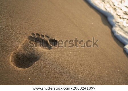 Big footprint on the sandy beach. Water edge with foam of the sea. Depth of field.
