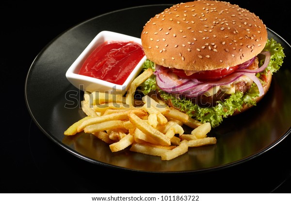 Big Fresh Burger Sauce Fries On Stock Photo Edit Now Big Fresh Burger Sauce Fries On Stock Photo Edit Now