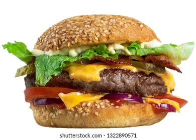 Big fresh tasty burger with beef meat isolated on white background - Shutterstock ID 1322890571