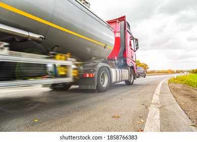 A big fuel tanker truck ,  on the roads of Europe . Logistics and transportation