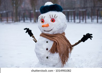 Big Funny Real Snowman In Winter Setting