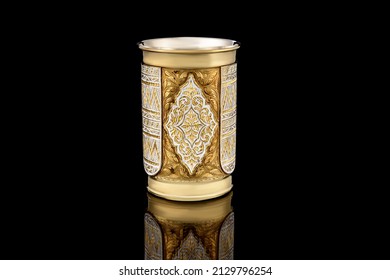 Big Golden Antique Vintage Brass Shot Glass Gilded on black background. metal Wine Cup goblet with Carving Engraving pattern. - Shutterstock ID 2129796254