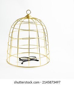 Big golden birdcage and black glasses on white background, concept, stock photo