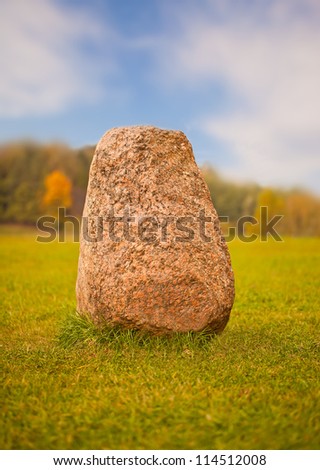 Big granite rock lying on a green grass
