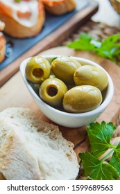 Big Green Olives Tapas -  Traditional Snack In Spanish Cuisine -  Halkidiki Pitted Olives.